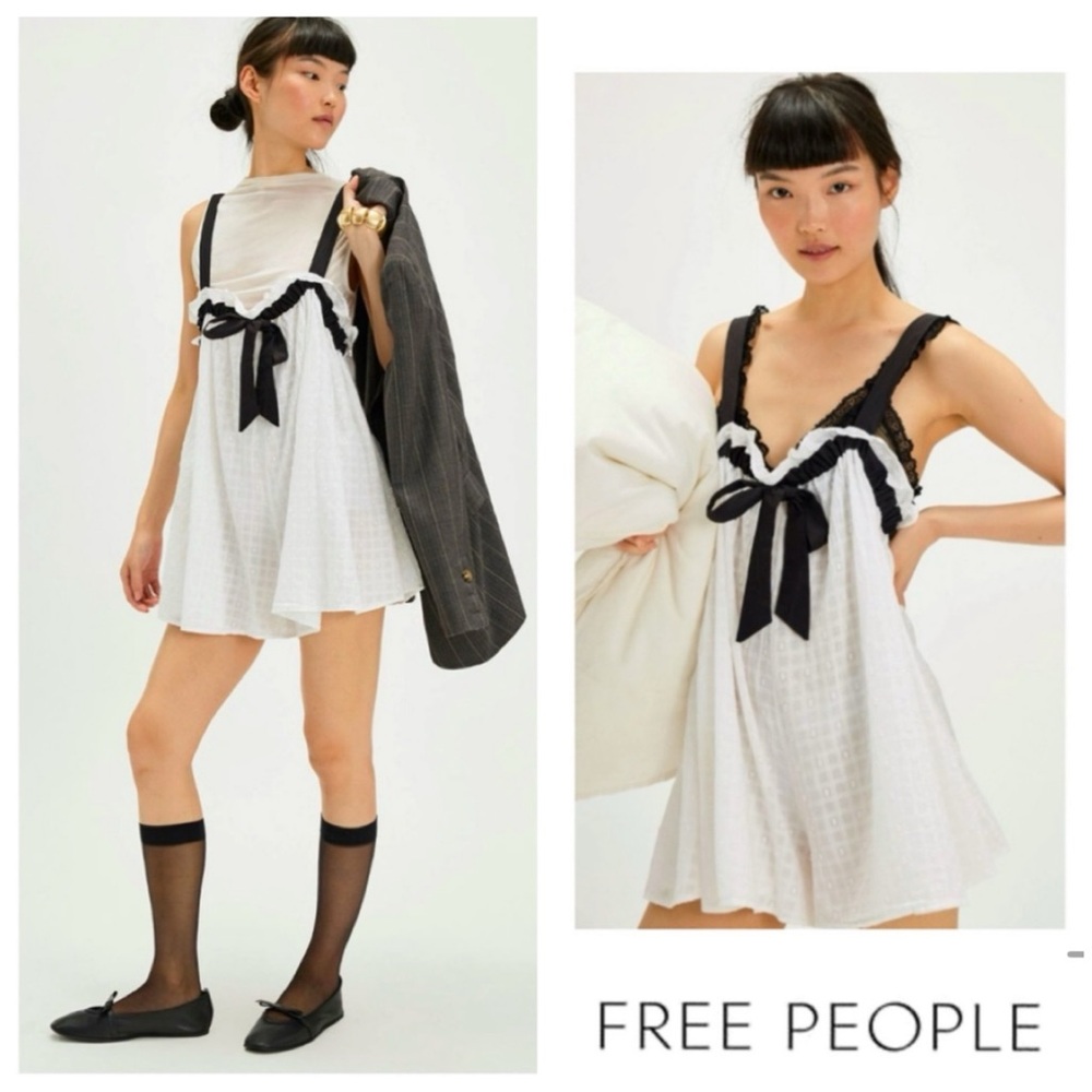♥️NWTS-$90 FREE PEOPLE Back To Love Romper One-Piece L Embroidery Bow Details